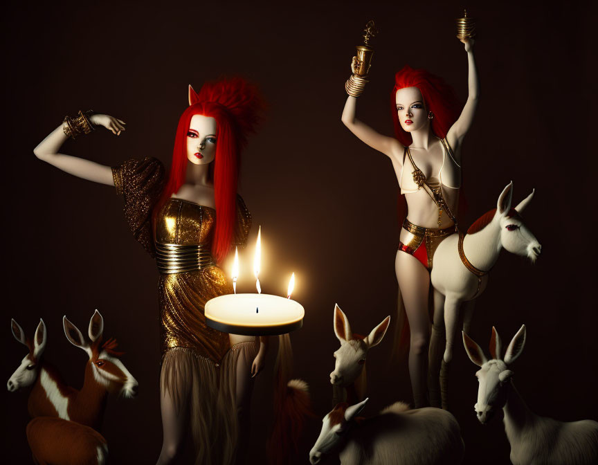 Stylized red-haired female figures in fantasy costumes with unicorns and candles