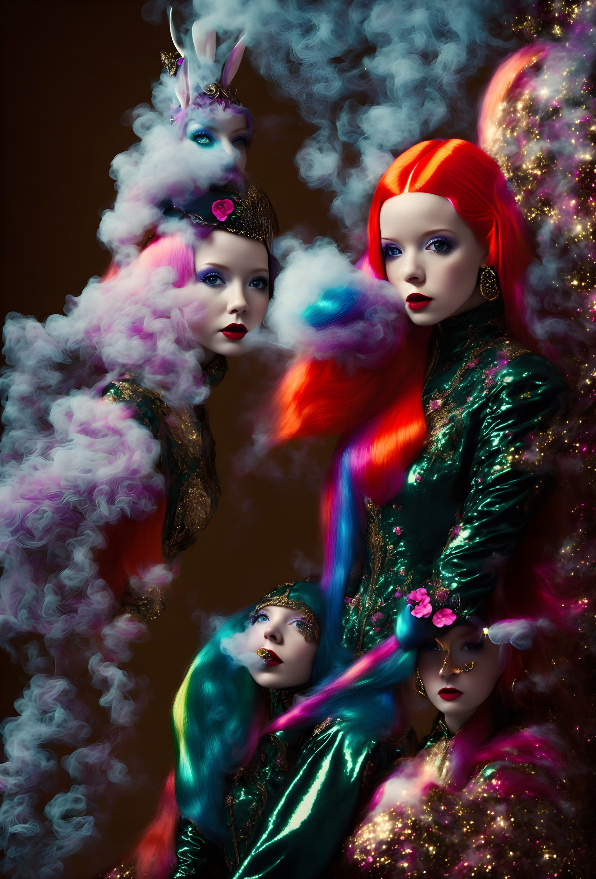 Vibrant fantasy makeup on four models with colorful hairstyles and glittery attire