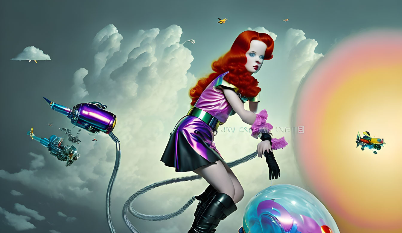 Surreal image of futuristic woman with red hair holding fluffy animal amid floating ships