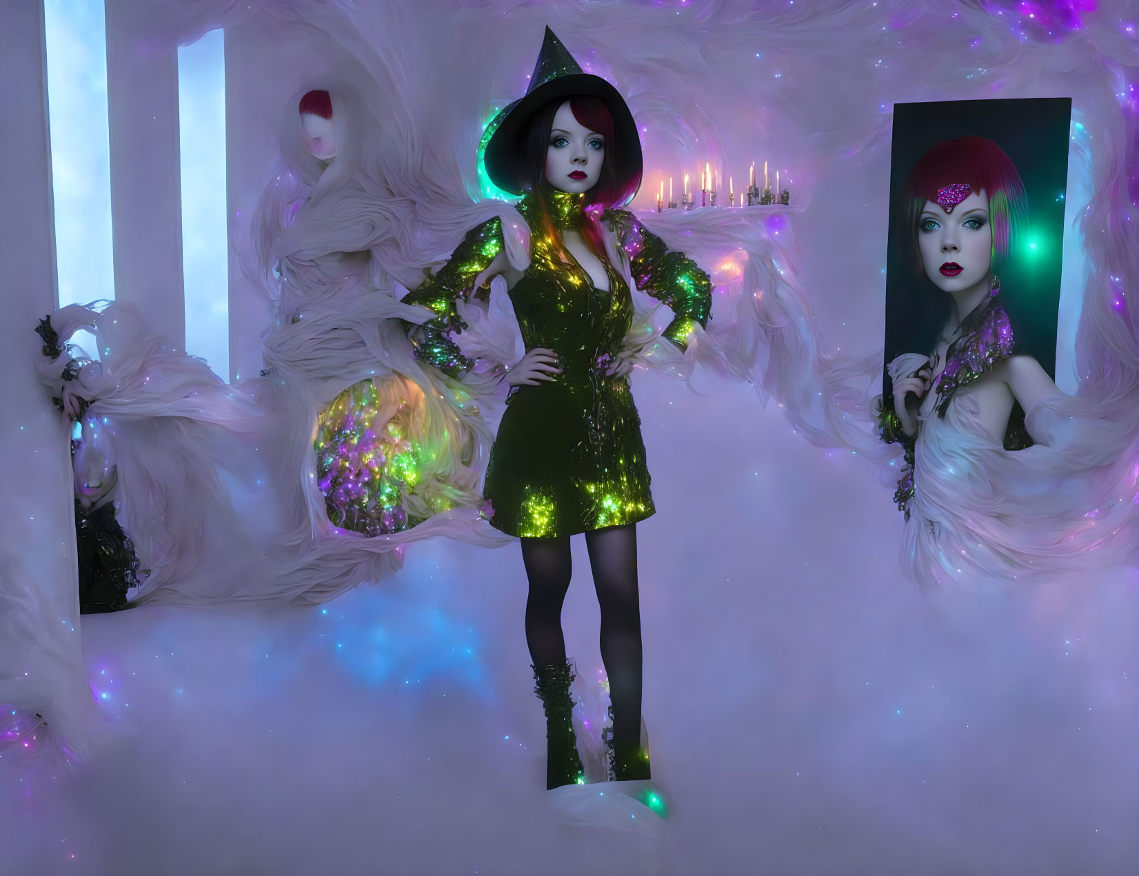 Sparkling Green Witch Costume in Mystical Room with Mannequins