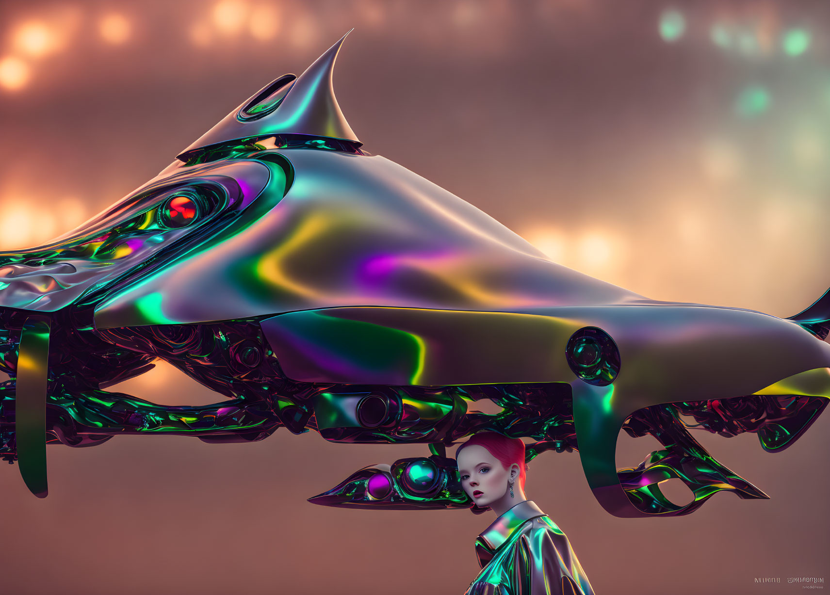 Futuristic iridescent vehicle and humanoid figure in matching aesthetics against amber sky