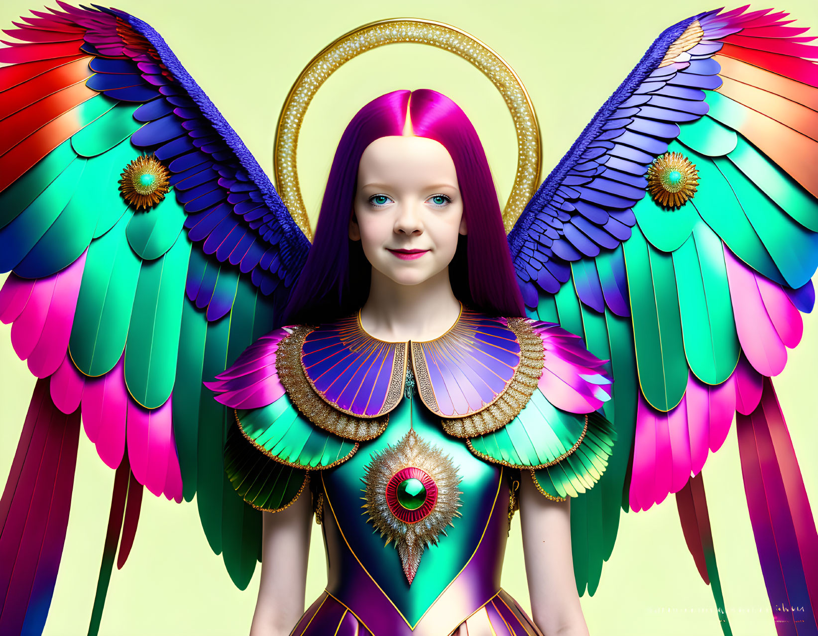 Colorful digital artwork: young girl with angel wings and halo on pastel background
