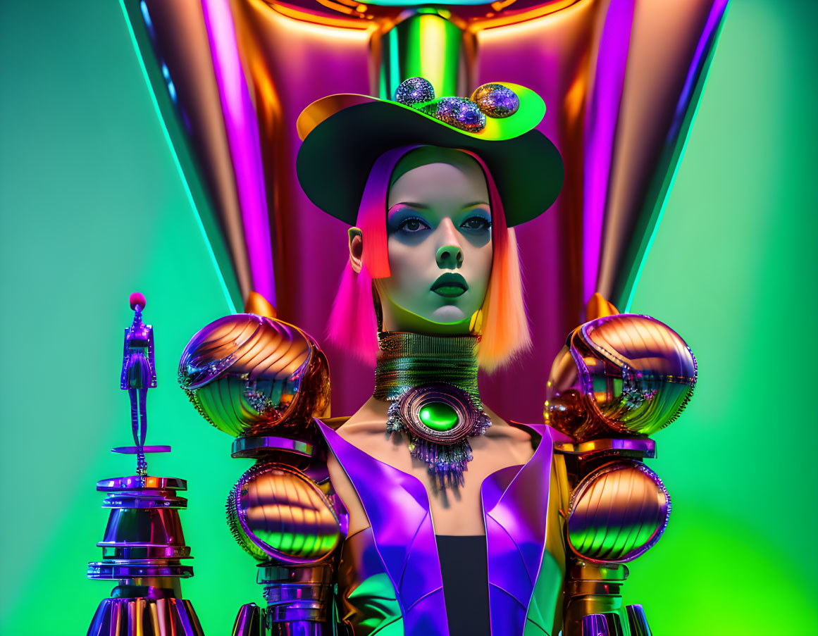 Green-skinned futuristic mannequin in metallic outfit on vibrant backdrop