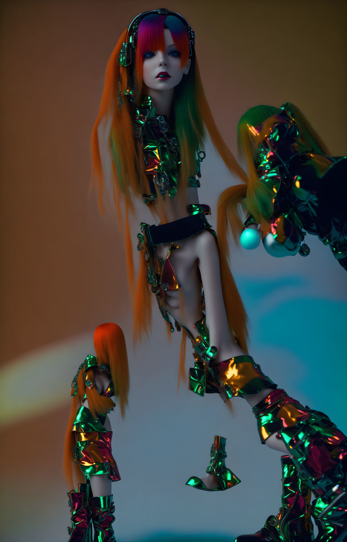 Vibrant red-haired female mannequin in metallic green-gold attire on gradient backdrop