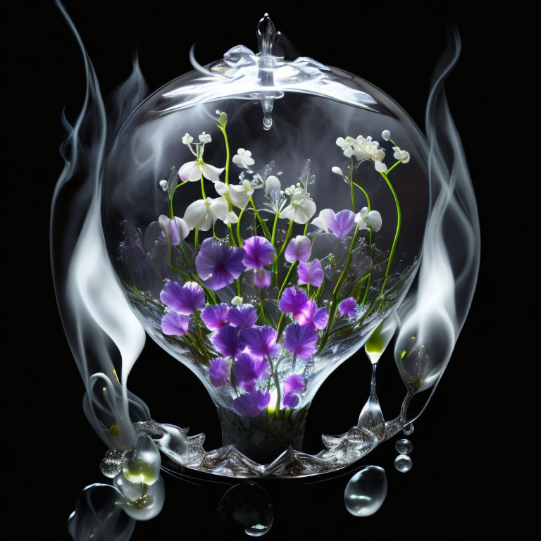 Glass sphere with purple and white flowers and white smoke on black background