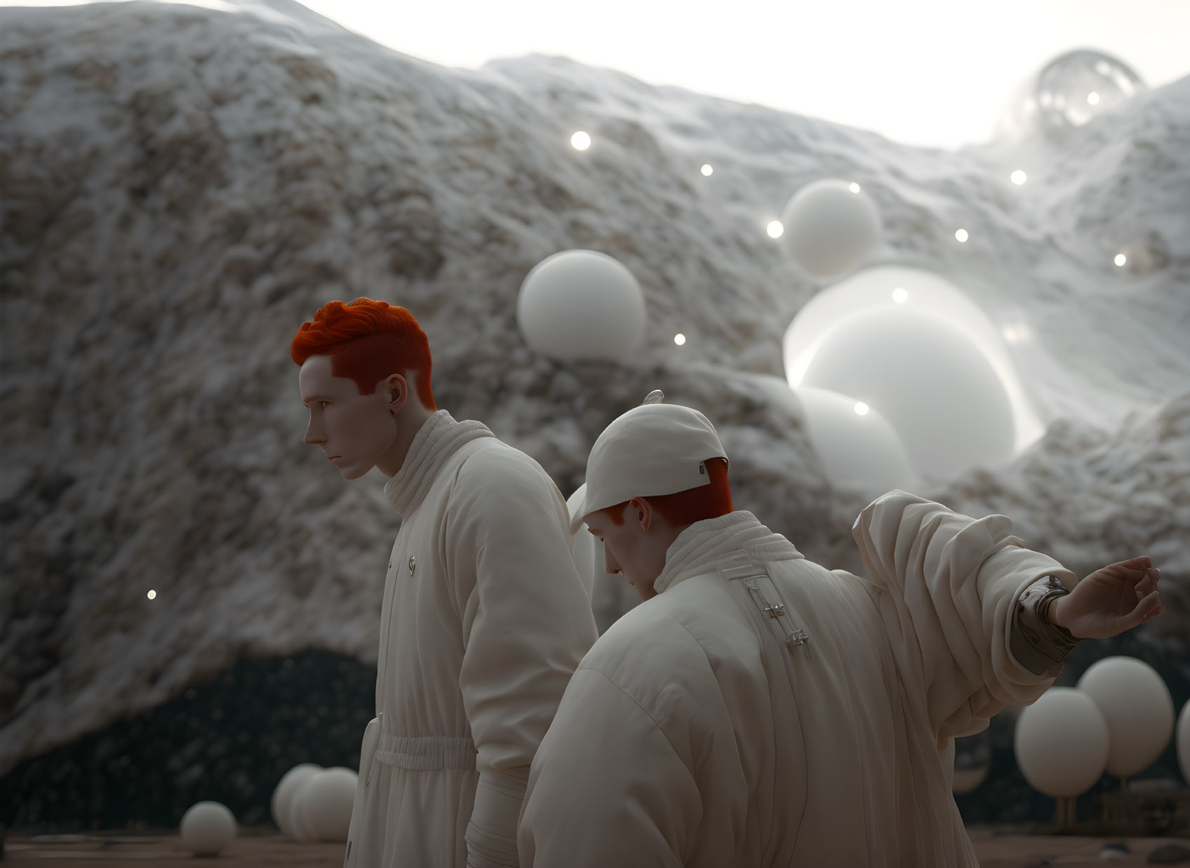 Two people in white outfits in surreal landscape with glowing orbs and textured ground.