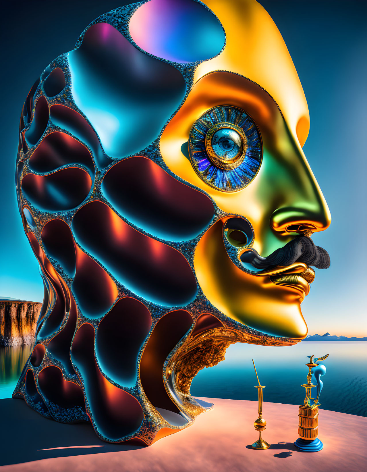 Multicolored patterned face with eye and mustache against seascape.