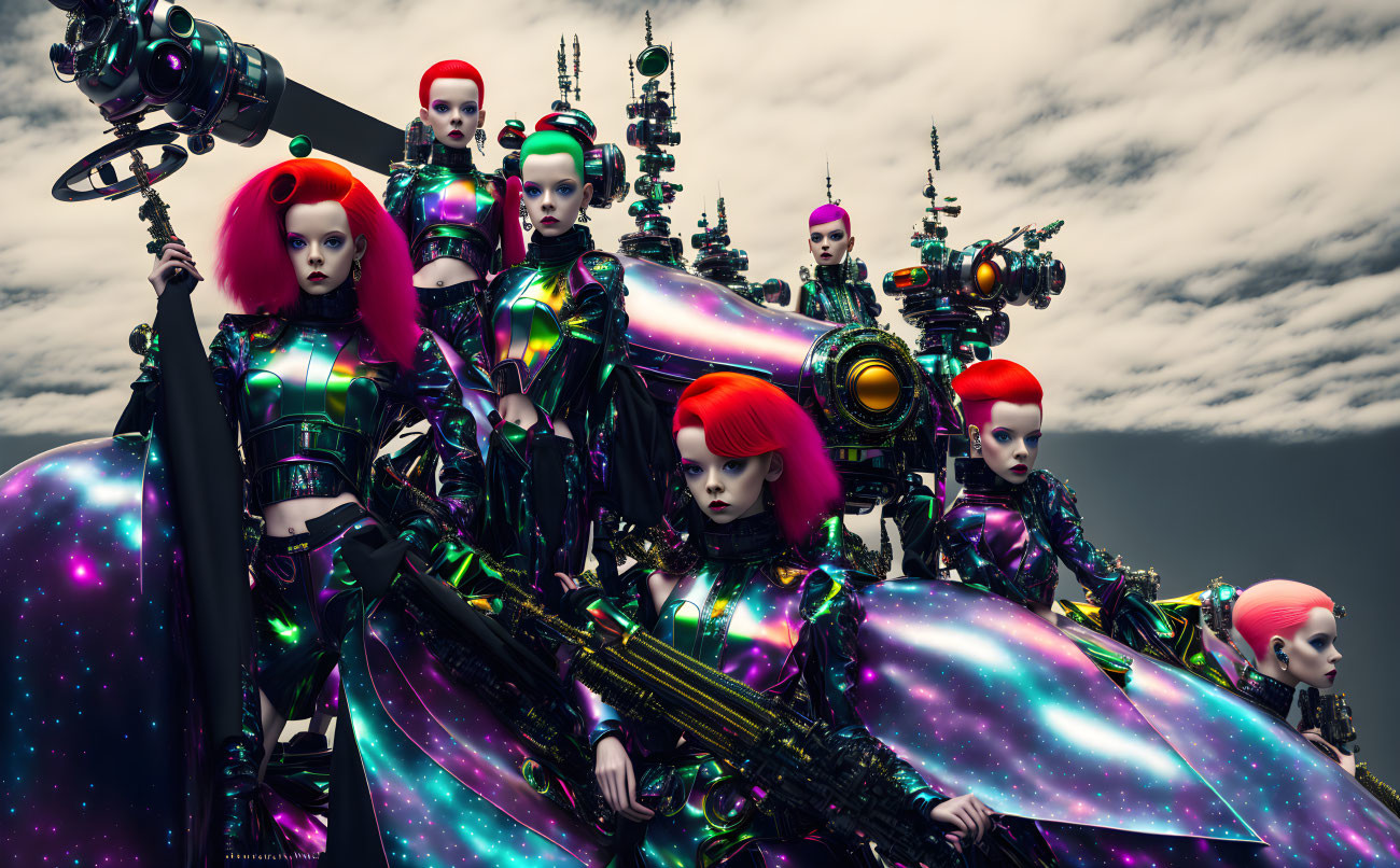 Red-haired female figures in iridescent outfits amid futuristic setting