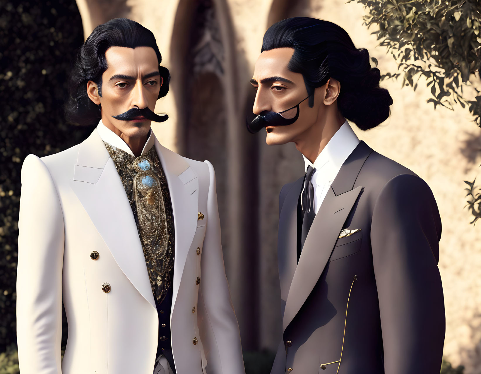 Stylized animated male figures with mustaches in elegant suits, vintage aesthetic