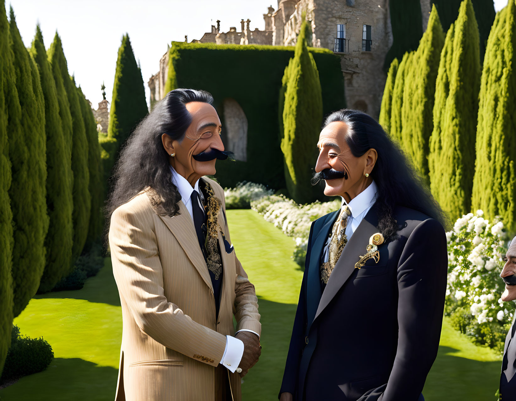 Exaggerated facial characters shake hands in formal garden