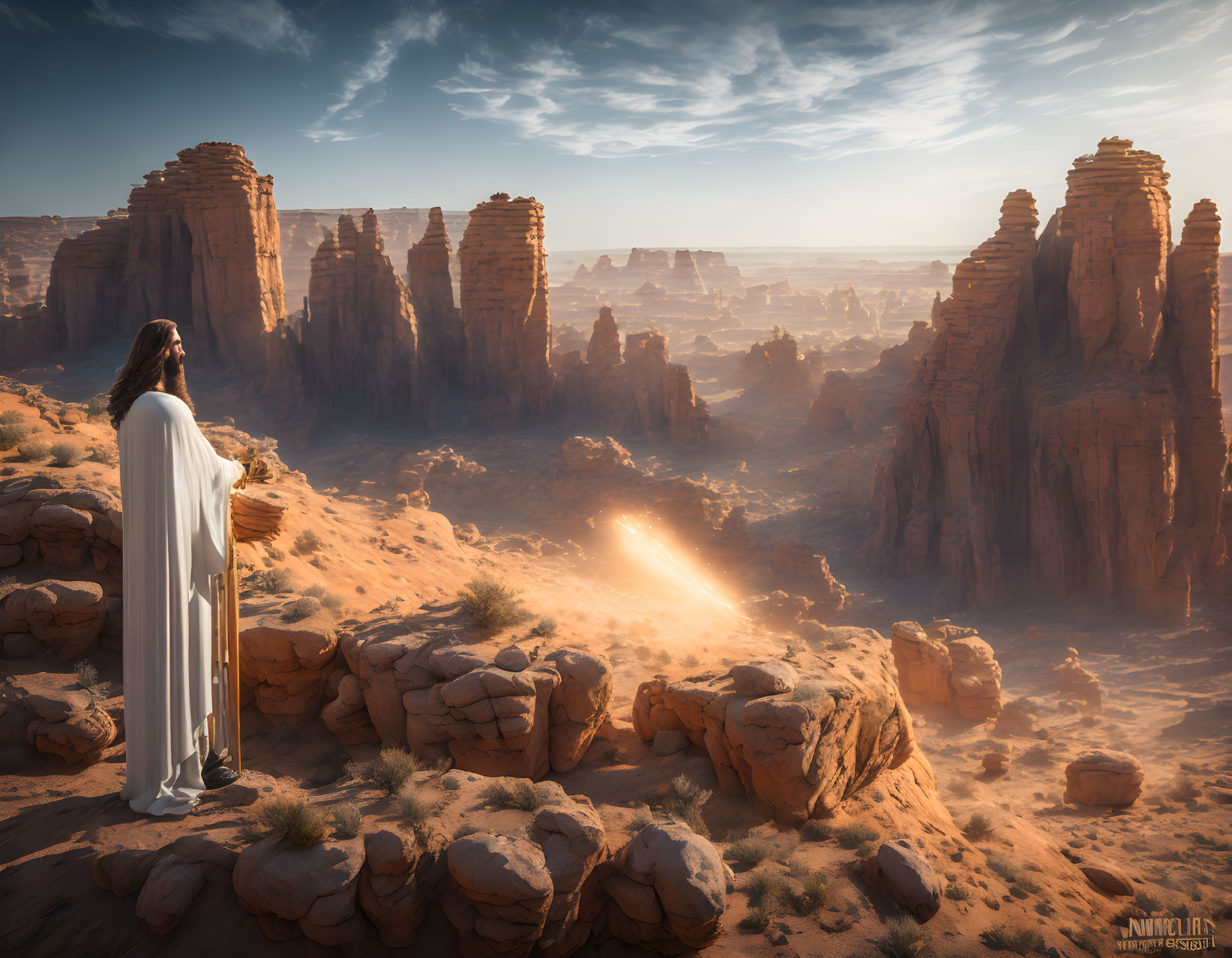 Person in White Cloak Overlooking Desert Canyon and Rock Formations