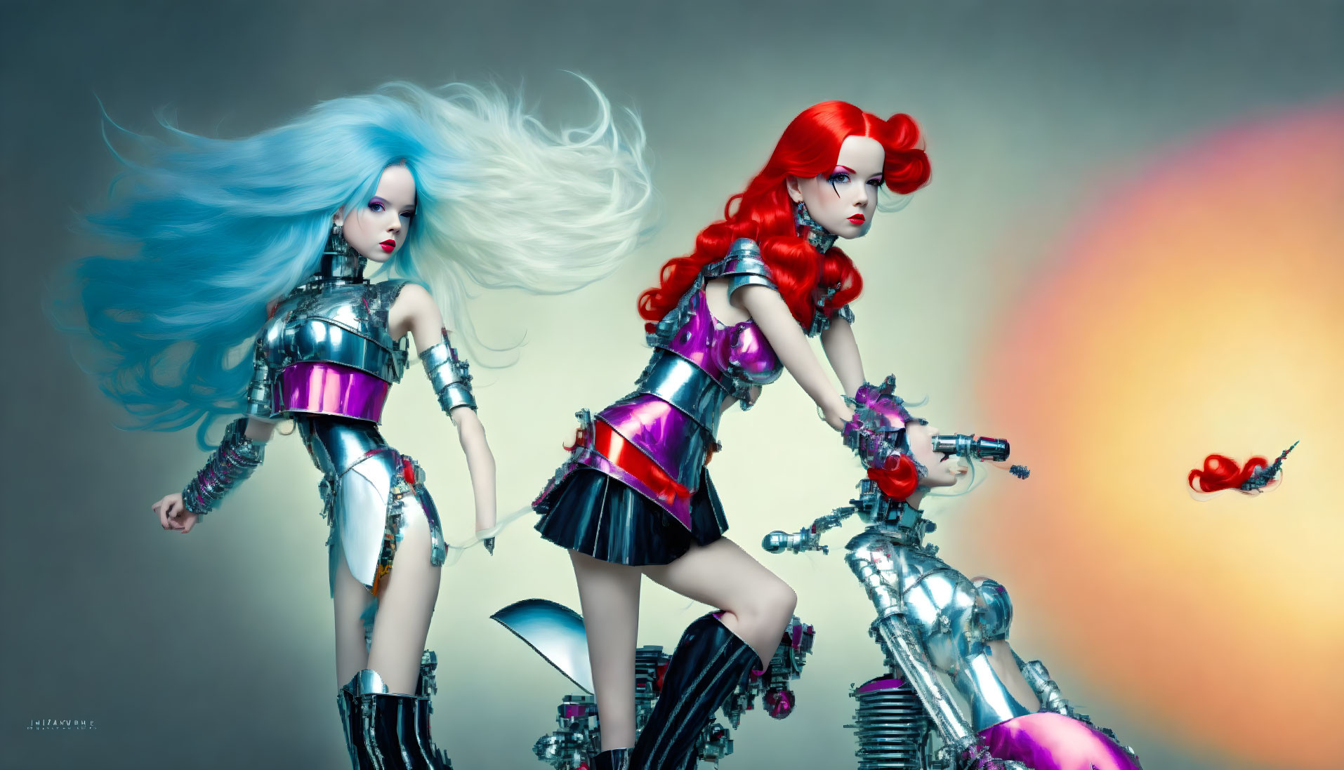 Futuristic female figures with blue and red hair, metallic outfits, and motorcycle with glowing orb effect