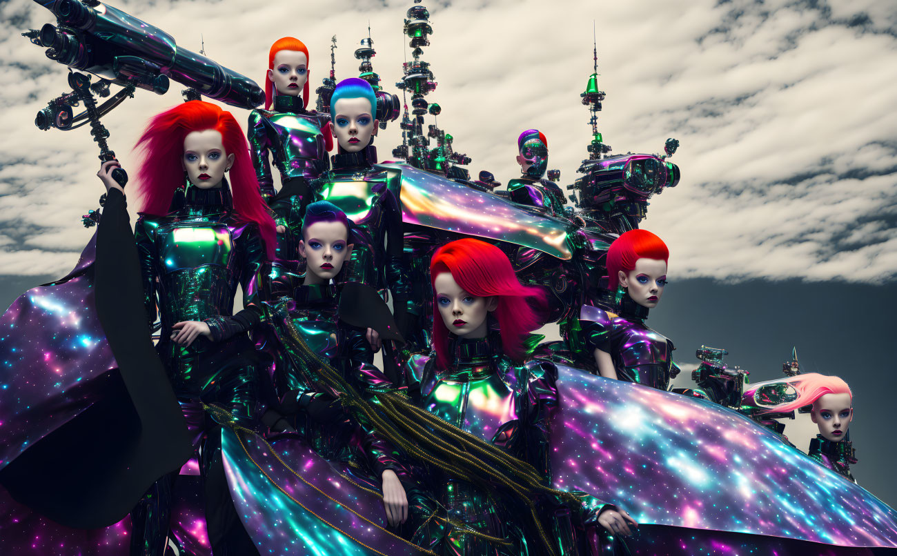 Futuristic female androids with red hair in surreal setting