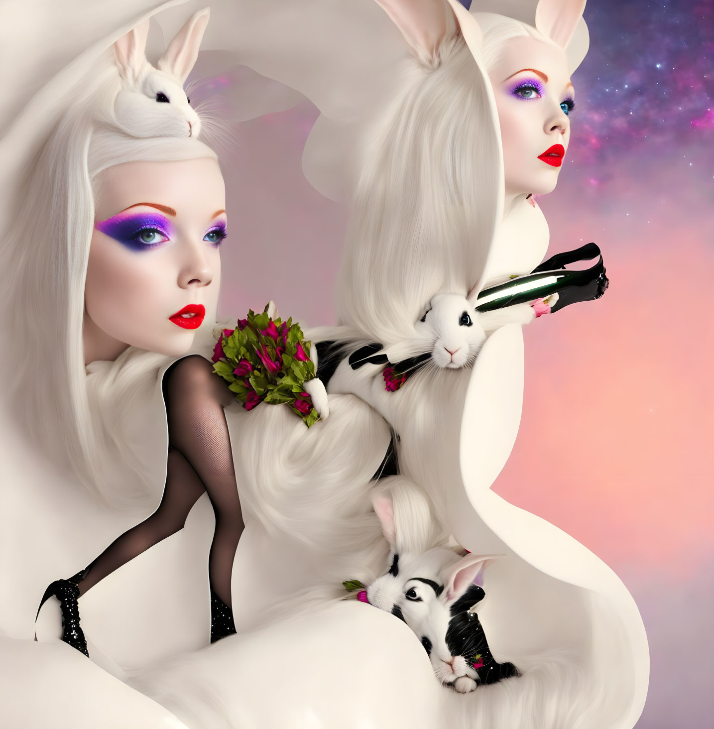 Surreal Artwork: Two Women with Rabbit Features, Cosmic Background