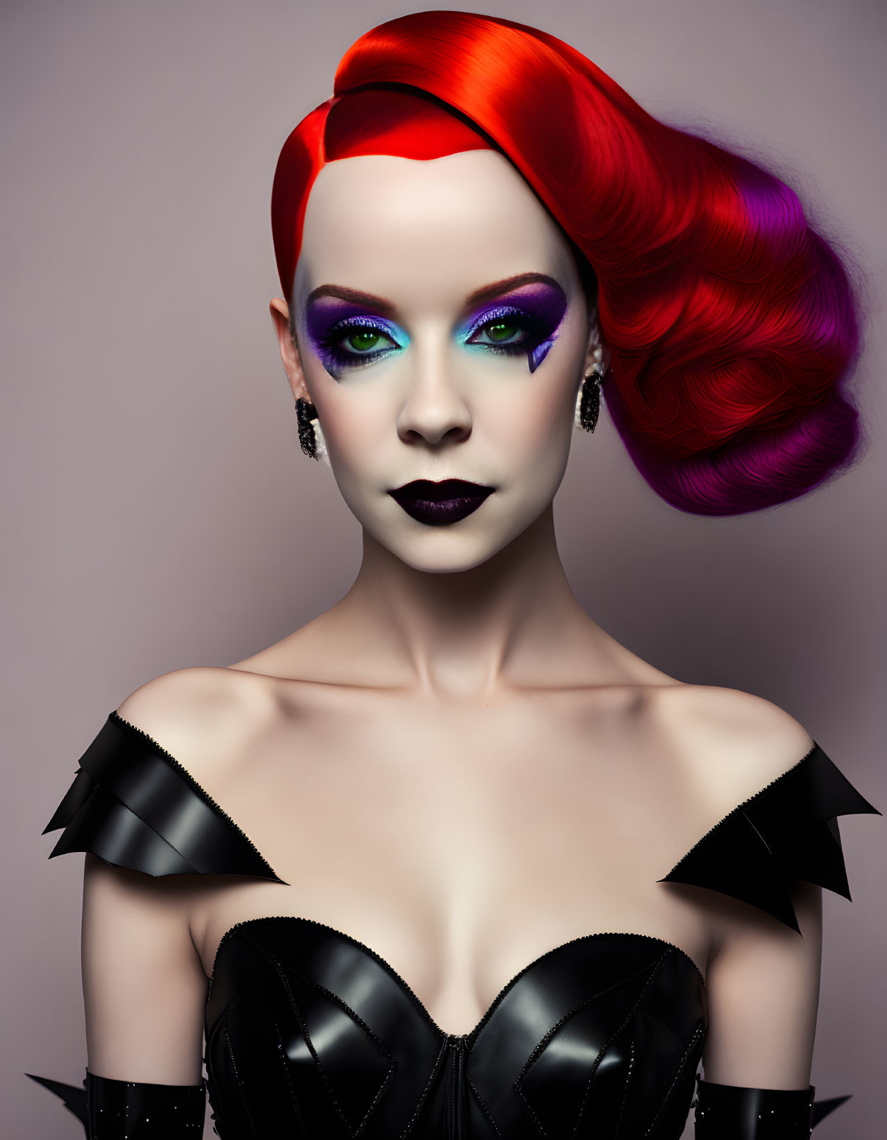 Vibrant red and purple hair woman in bold makeup and black attire