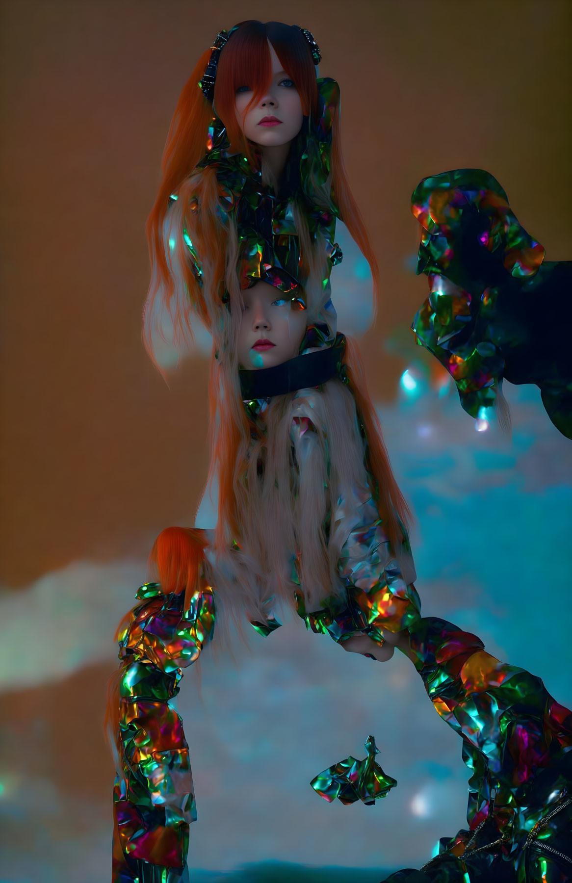 Orange-haired person in iridescent futuristic outfit on gradient background