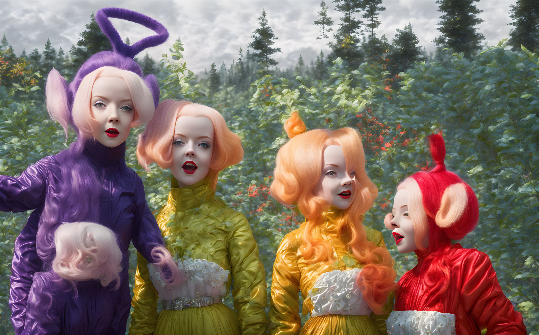 Four women in colorful costumes with oversized stylized heads in whimsical forest.
