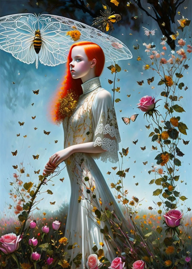 Fantastical illustration of red-haired woman with insect-like wings in a surreal setting