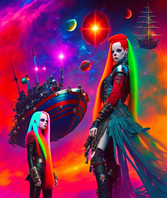 Futuristic women with colorful hair in punk attire against cosmic backdrop