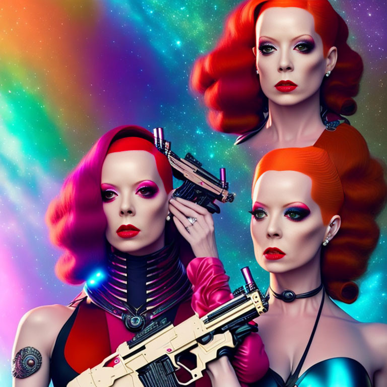 Futuristic women with red hair and cybernetic enhancements in cosmic setting