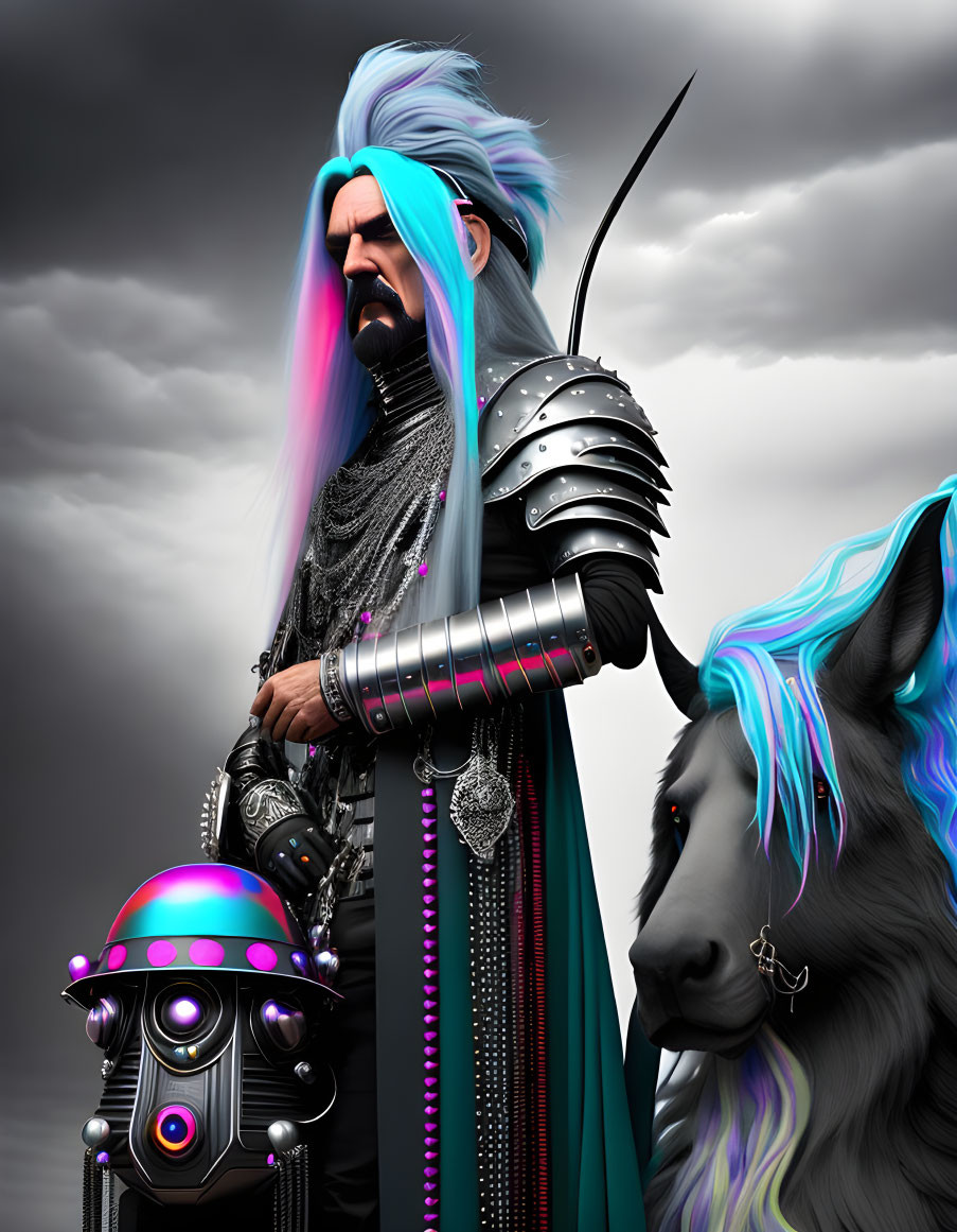 Fantasy warrior and mystical wolf digital artwork under stormy sky