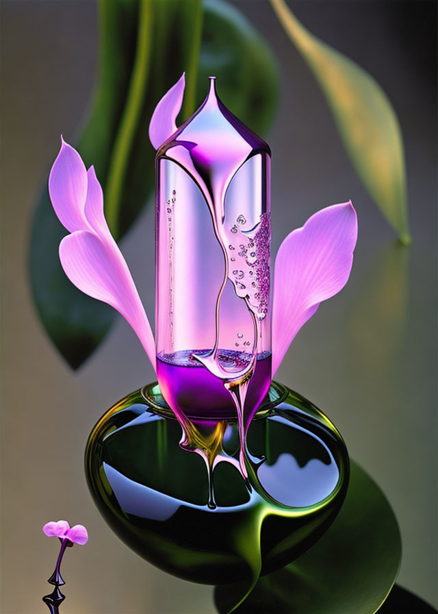 Abstract digital artwork: Shiny glass-like flower in pink and purple