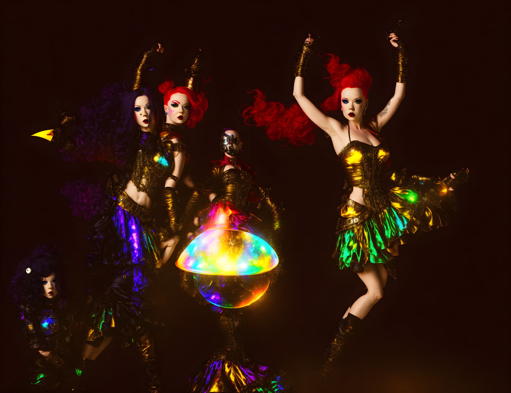 Four futuristic models in vibrant metallic costumes and exaggerated red hairstyles on dark background