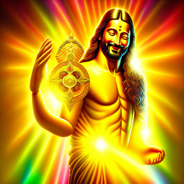 Spiritual figure with long hair and halo in vibrant artwork