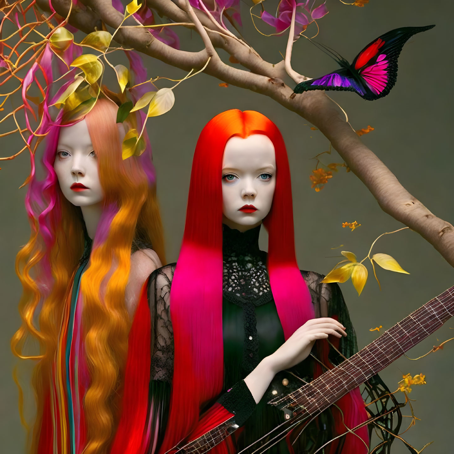 Colorful-haired mannequins with guitar, branches, butterfly on grey background