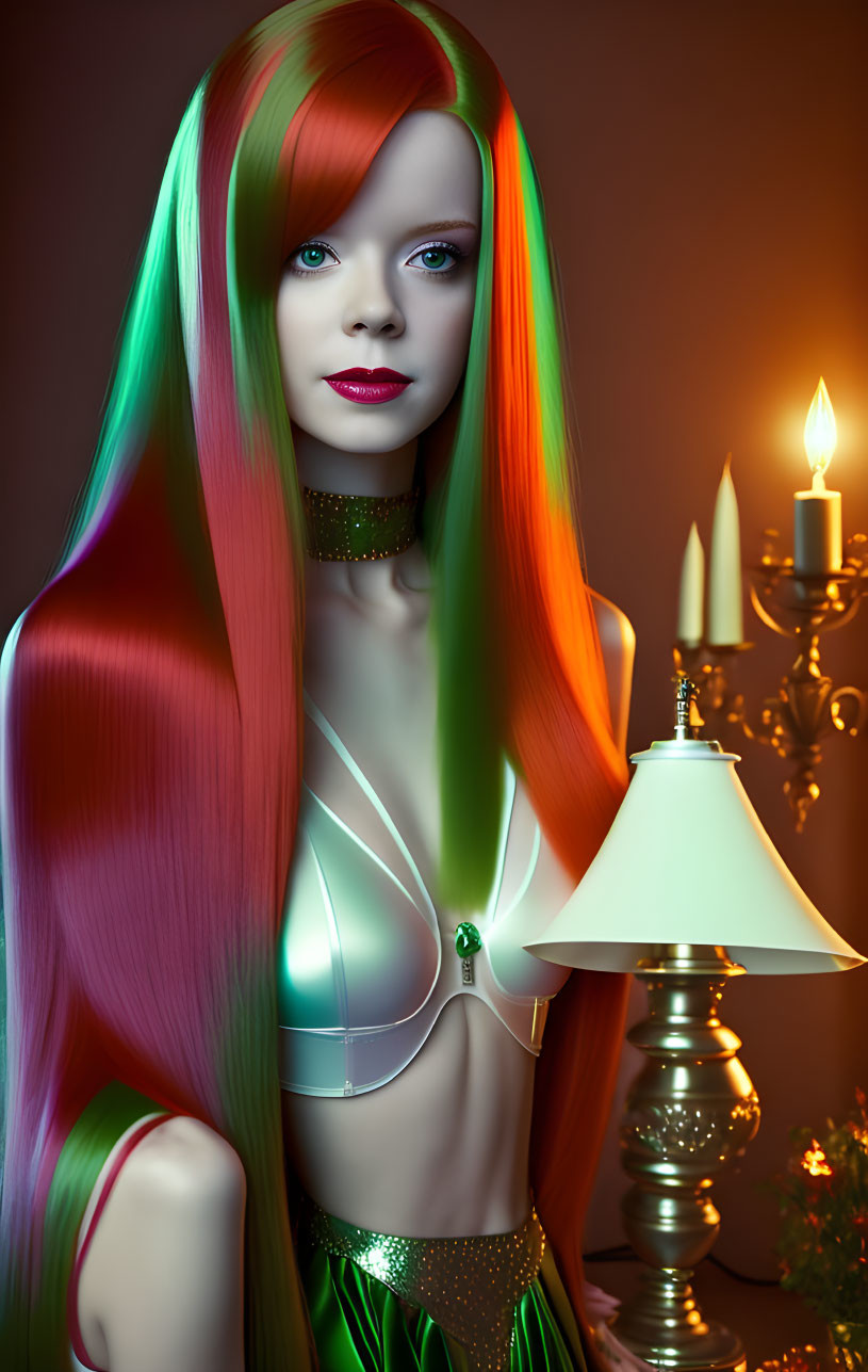 Rainbow-haired woman in metallic green outfit by candelabrum