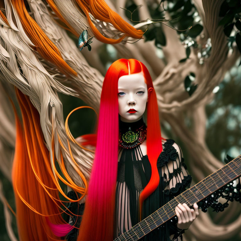 Surreal image of pale woman with red hair holding guitar