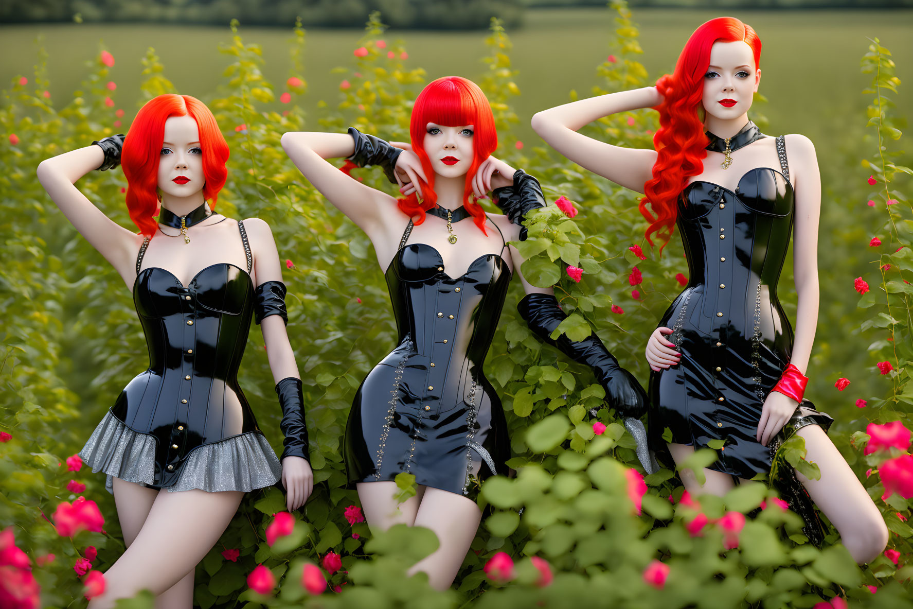 Three Women with Red Hair in Black Corseted Outfits Among Greenery and Pink Flowers