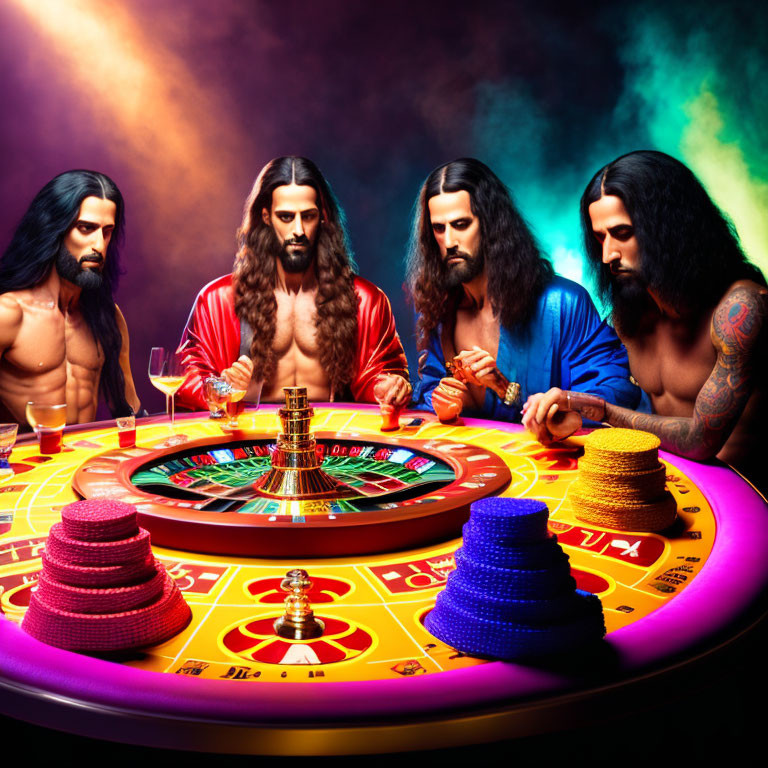 Four modern Jesus-like figures at colorful casino table with roulette wheel.