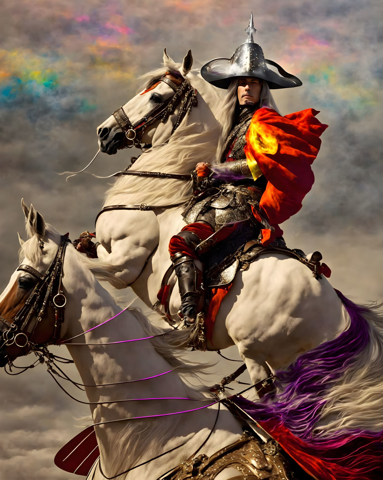 Elaborately armored person riding two white horses with colorful background