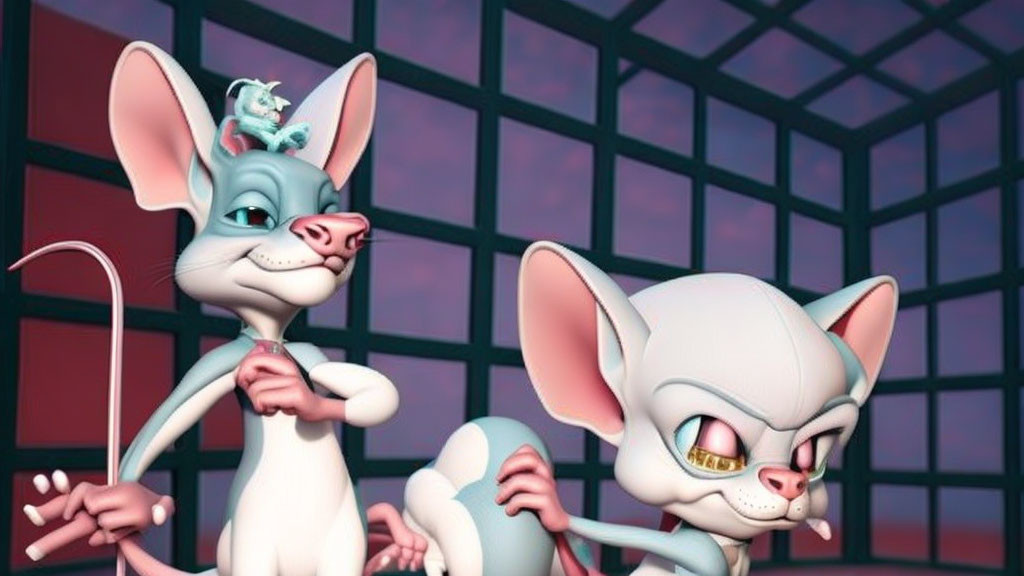 Three stylized cartoon mice with exaggerated features in front of a windowpane background, one holding a cane