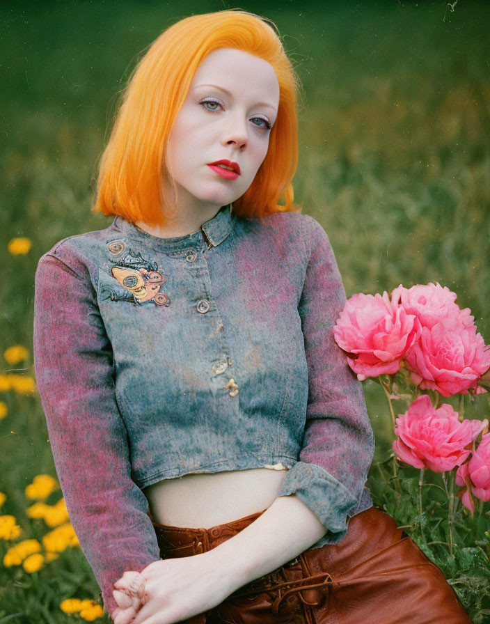 Woman with Bright Orange Hair in Flower Field with Denim Jacket & Vintage Style