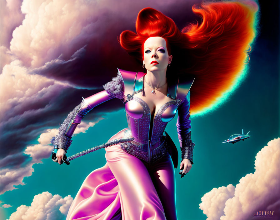 Digital Art: Woman with Red Hair in Futuristic Bodysuit and Spaceship Background