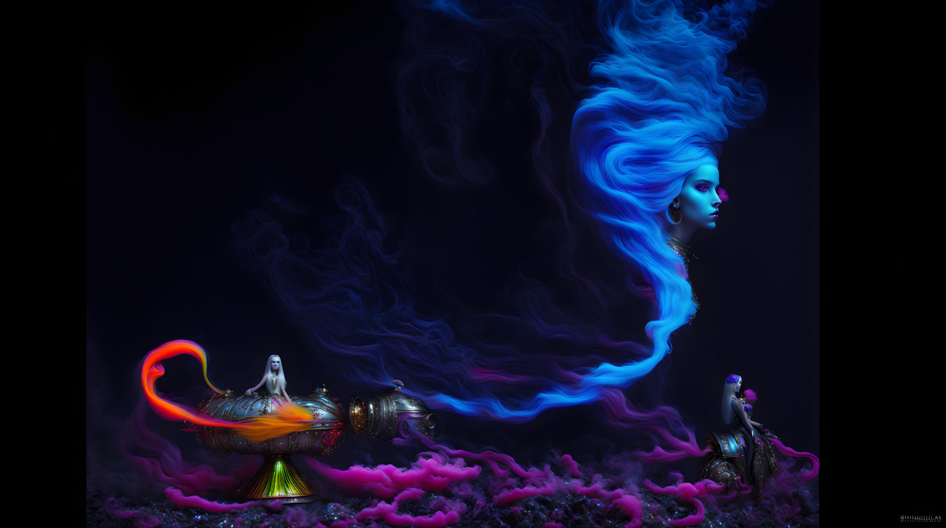 Surreal Artwork: Woman's Face with Blue Hair Morphing into Smoke above Genie Lamp