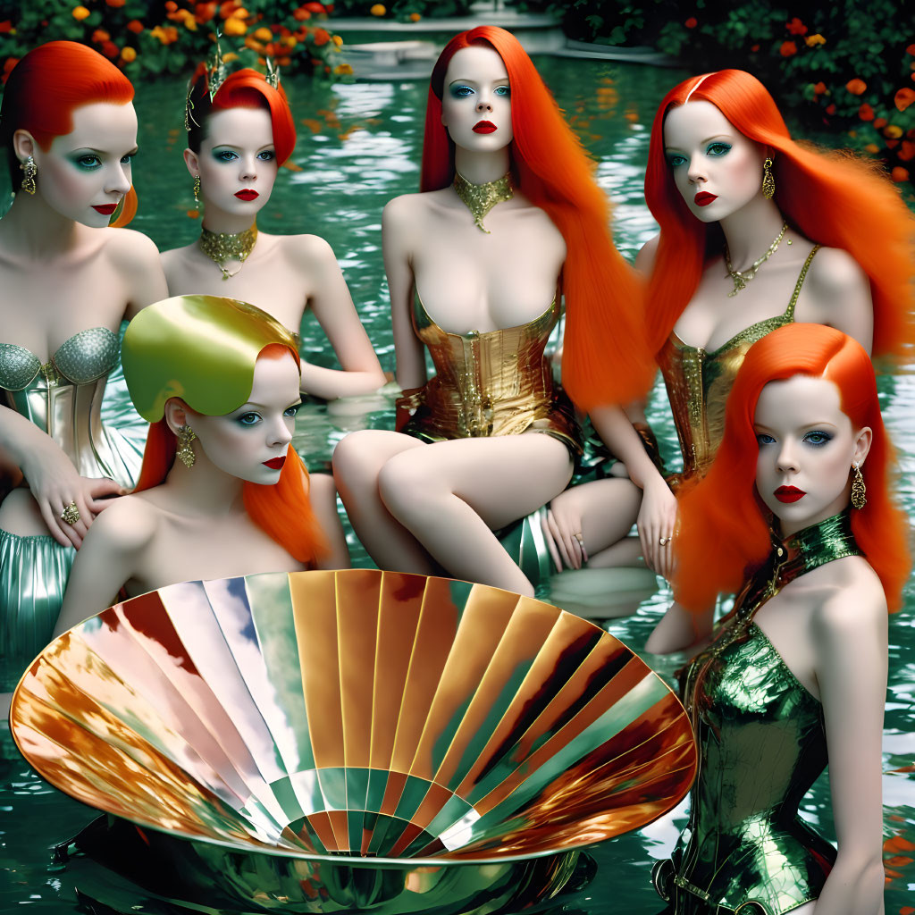 Six women with red hair in gold and green outfits around seashell in pond setting