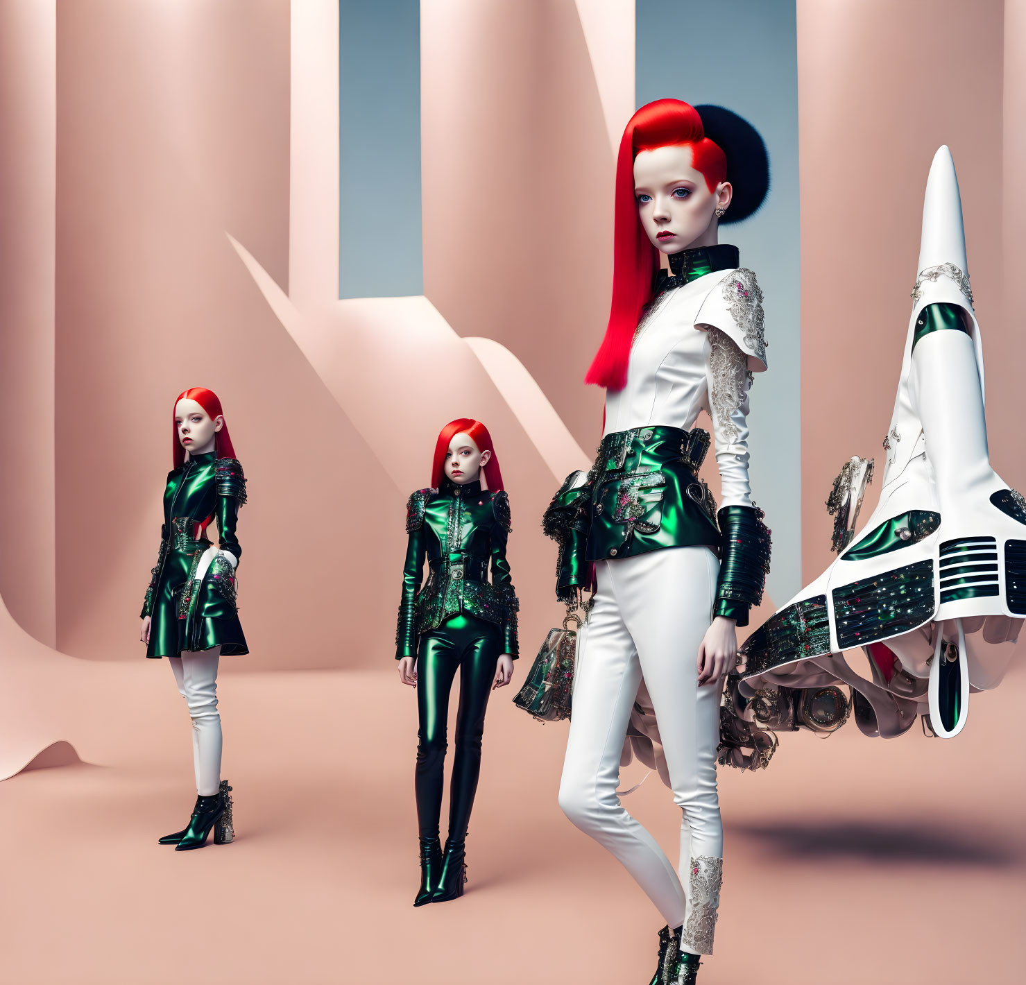 Futuristic fashion models with red hair posing by white spaceship