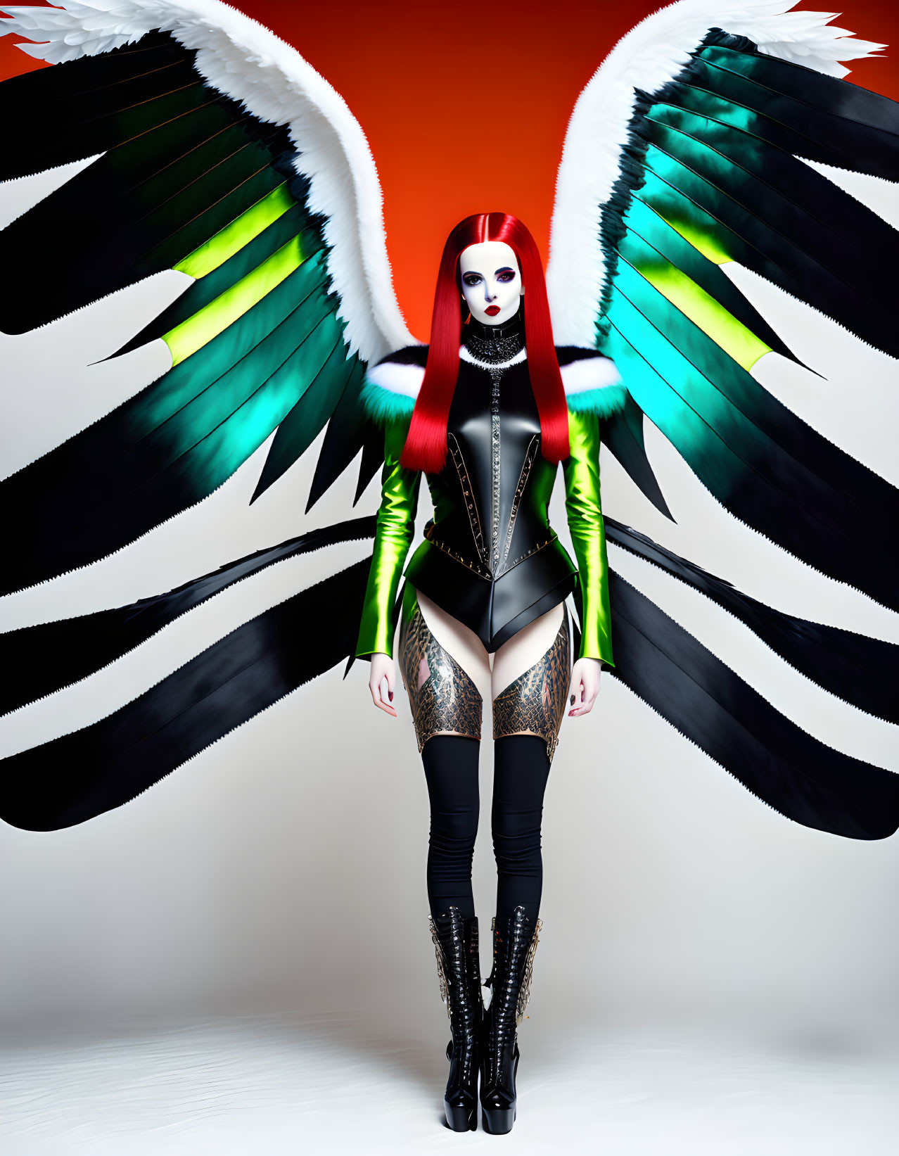 Vibrant red hair, striking makeup, futuristic outfit, black and white wings with green highlights
