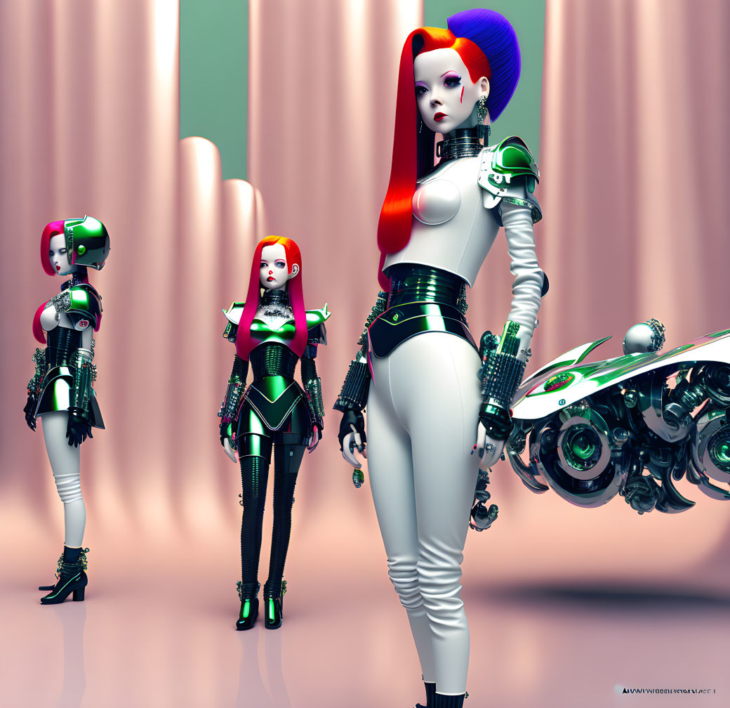 Futuristic female robots with red and white hair in a pink room with high-tech motorcycle