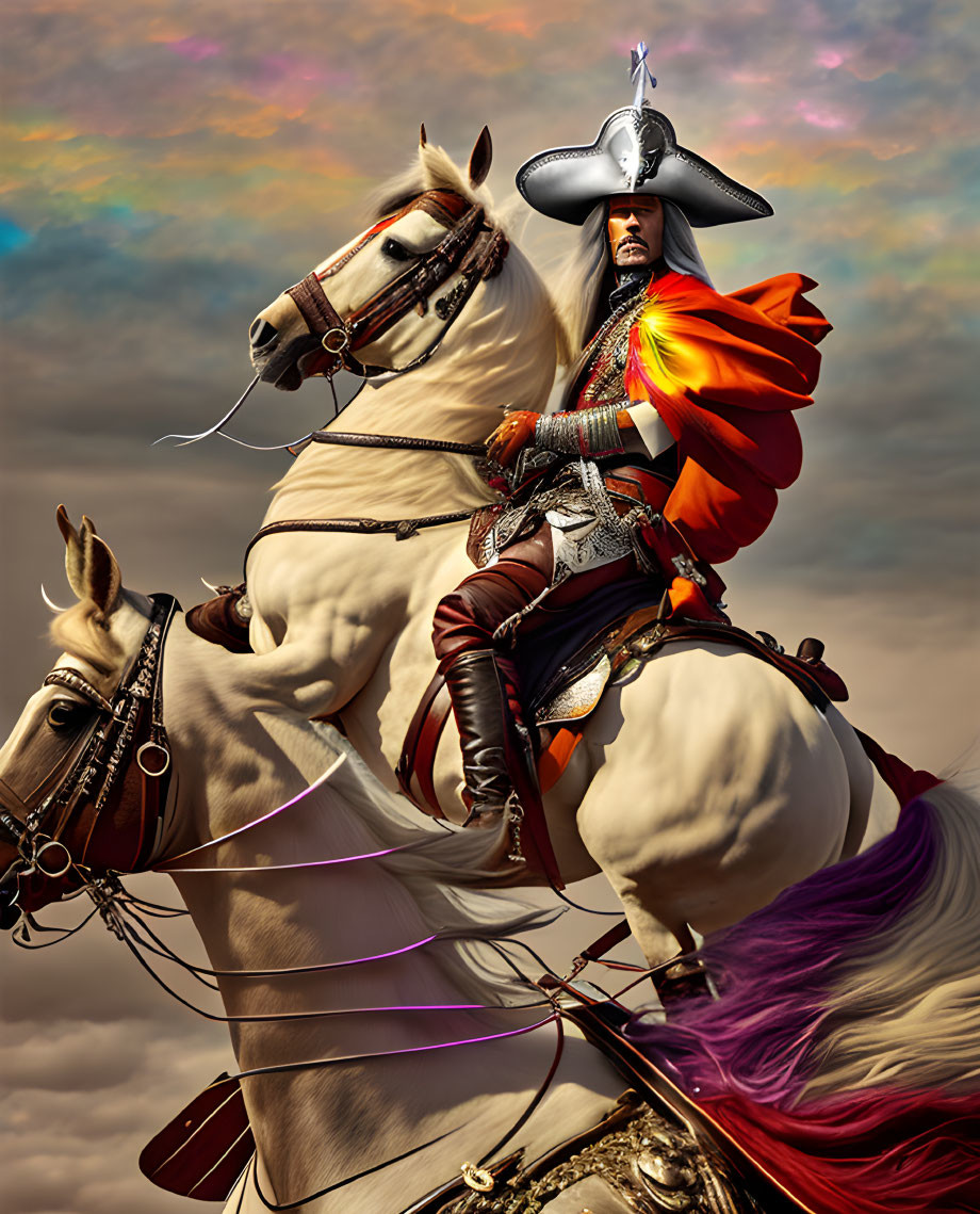 Regal figure in ornate armor on white horse under rainbow-tinted sky