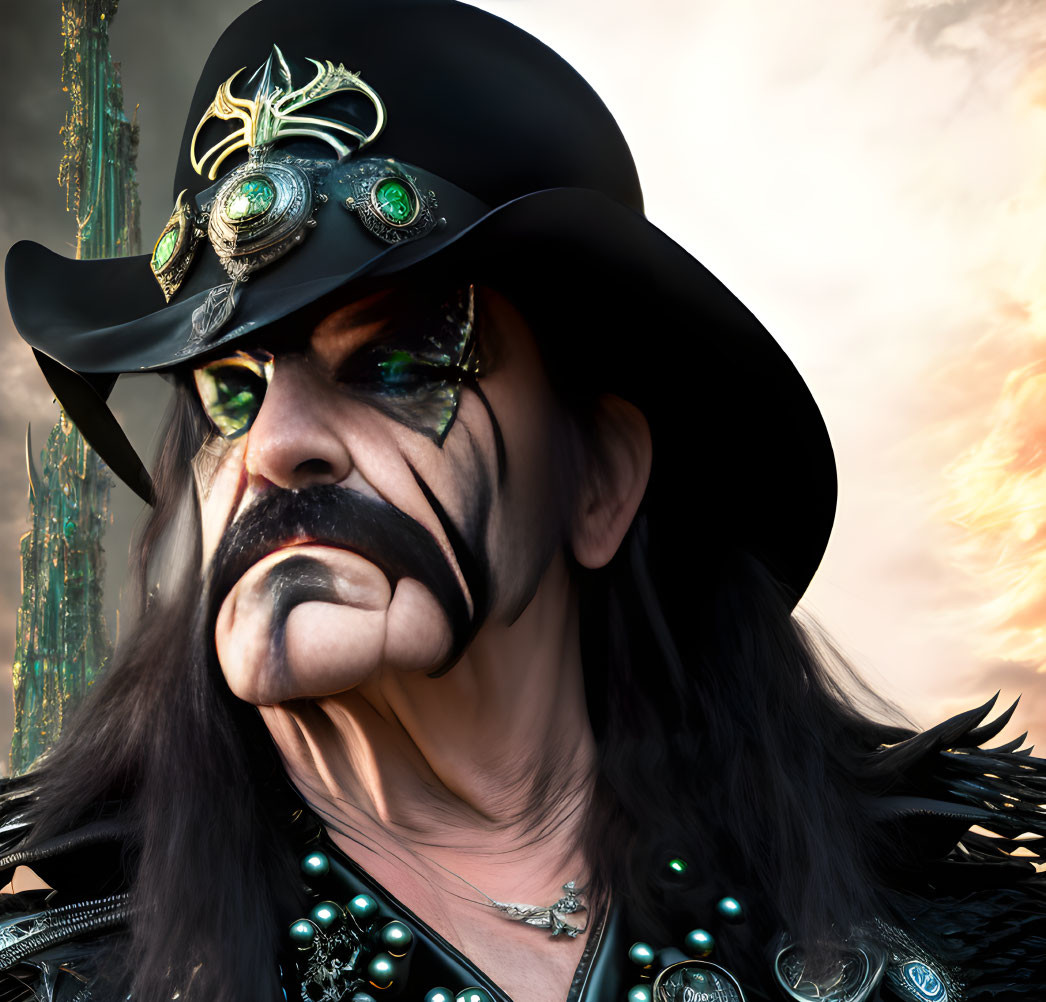 Cowboy hat with green jewels, dark eye makeup, long mustache, leather jacket in fiery sky