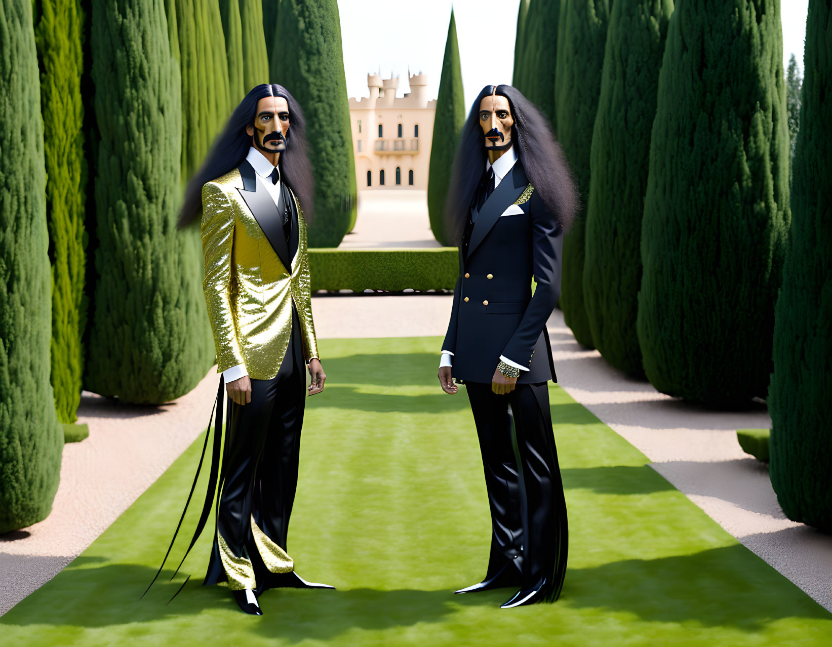 Symmetrical topiary garden with two male figures in elegant suits