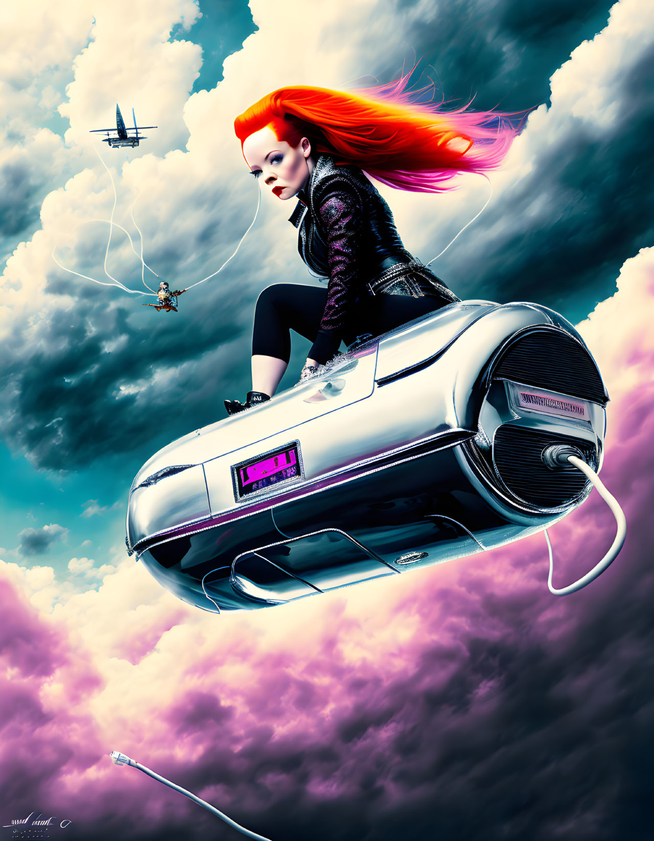 Red-haired woman pilots futuristic flying motorbike in cloudy skies with trailing electrical cords.