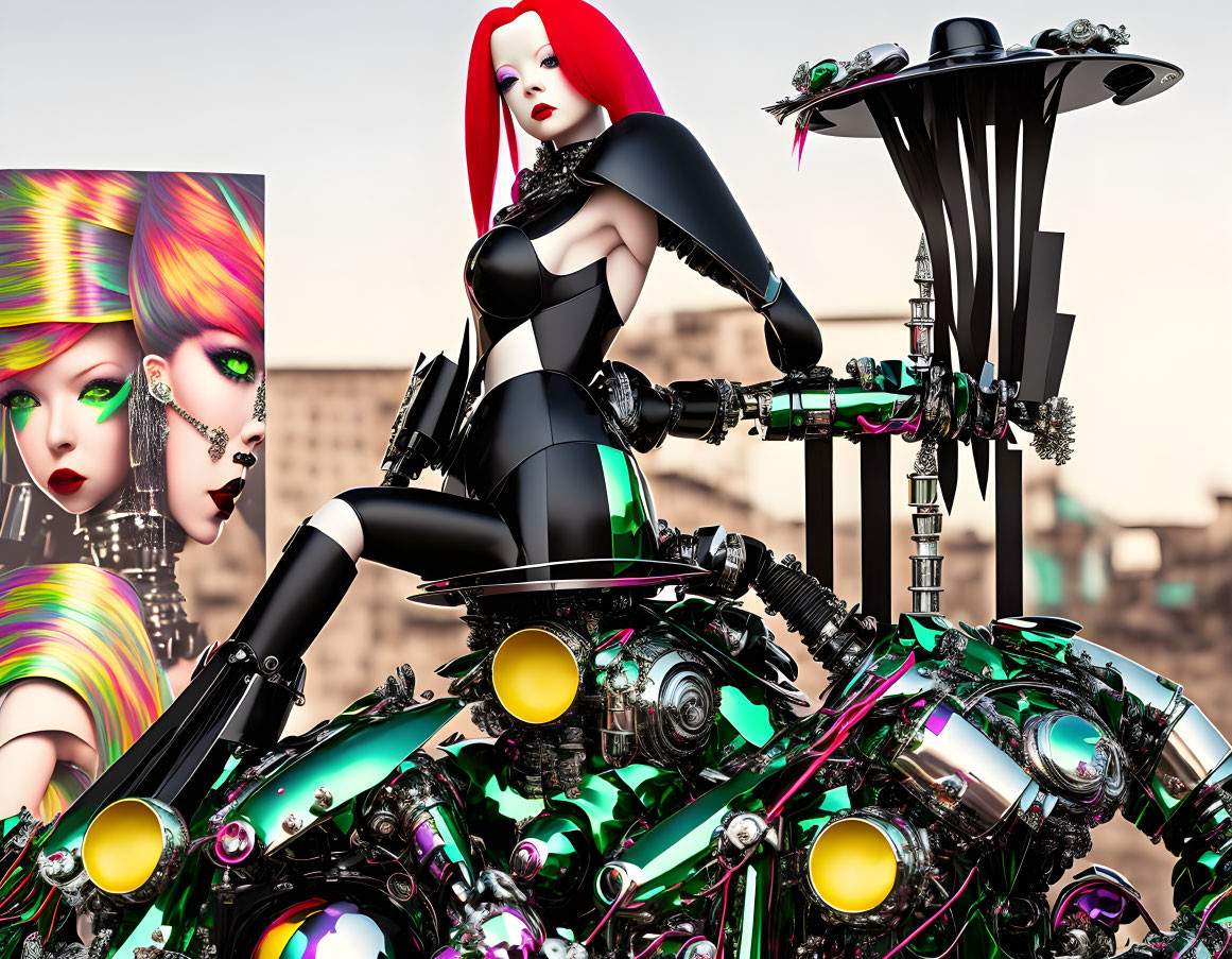 Futuristic image of female figure with red hair on metallic motorcycle in cityscape