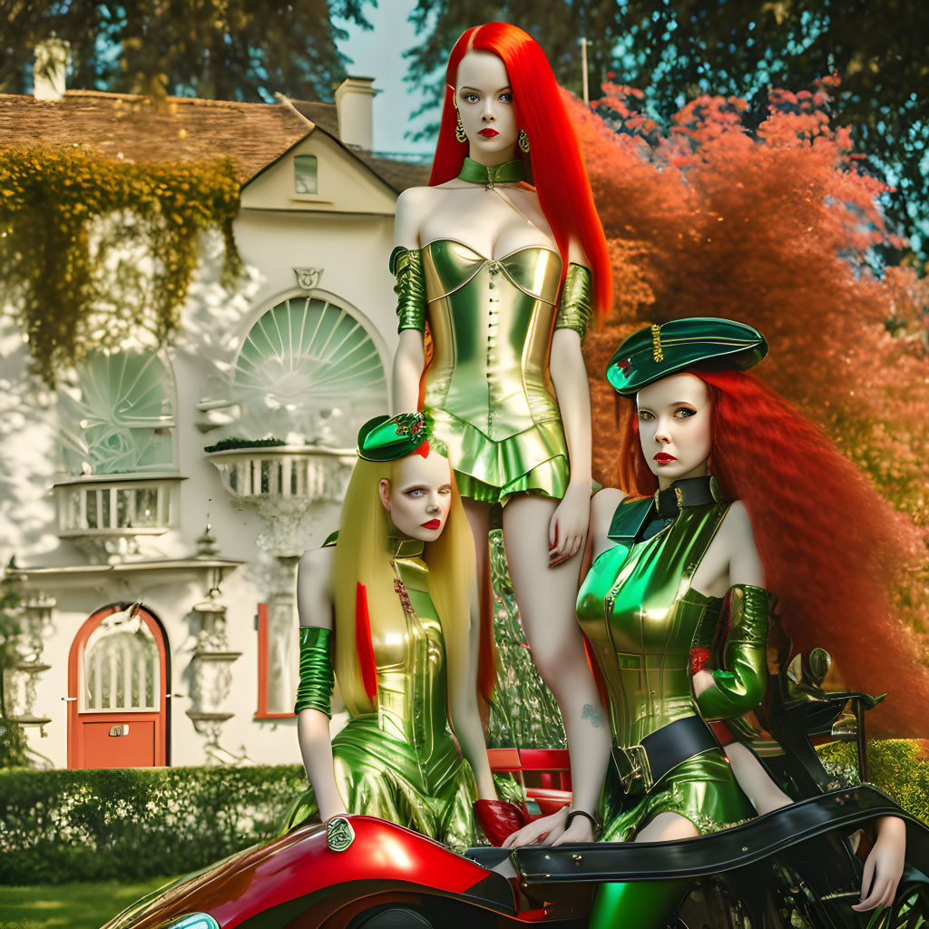 Stylized women with red hair in green and gold outfits with futuristic motorcycle in front of elegant house