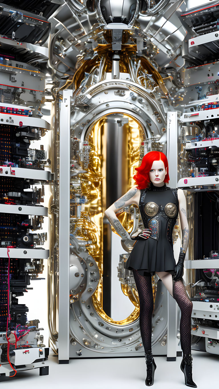 Futuristic female android with red hair and cybernetic elements by mechanical vault