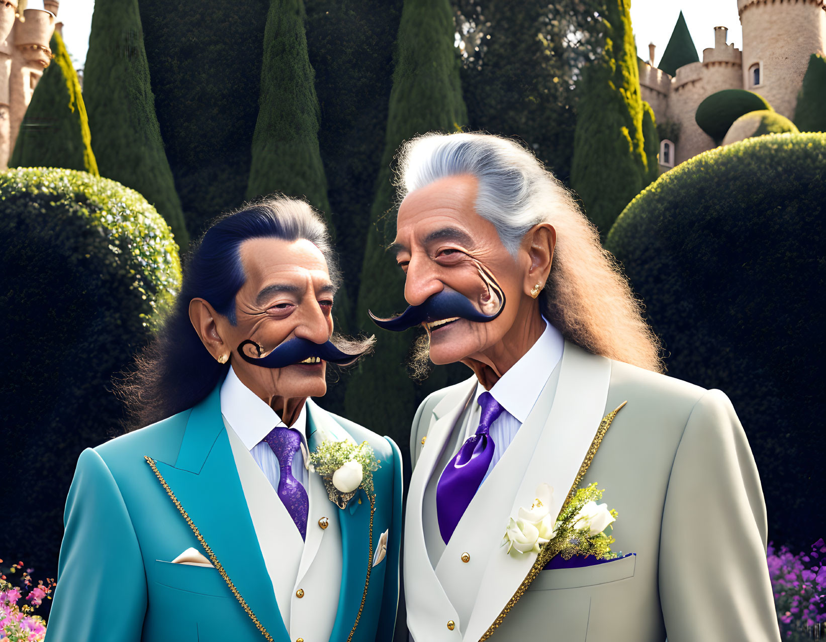 Elderly animated gentlemen in blue suits with exaggerated mustaches near a castle.